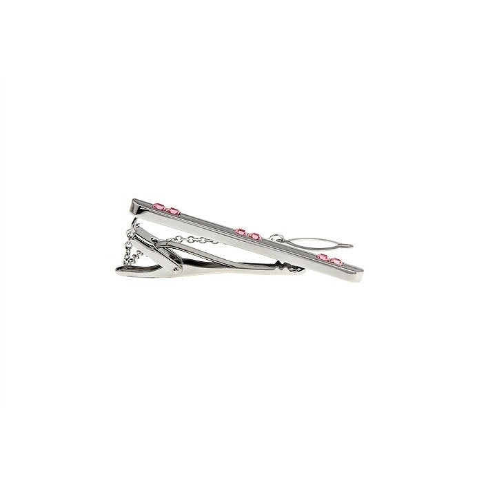 Gleaming Silver with Pink Inset Crystals Tie Clip with Button Chain Tie Bar Silver Tone Very Cool Comes with Gift Box Image 2