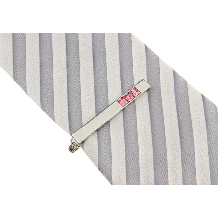 Gleaming Silver with Trio Pink Crystal Inset with Button Chain Tie Clip Tie Bar Silver Tone Very Cool Comes with Gift Image 3