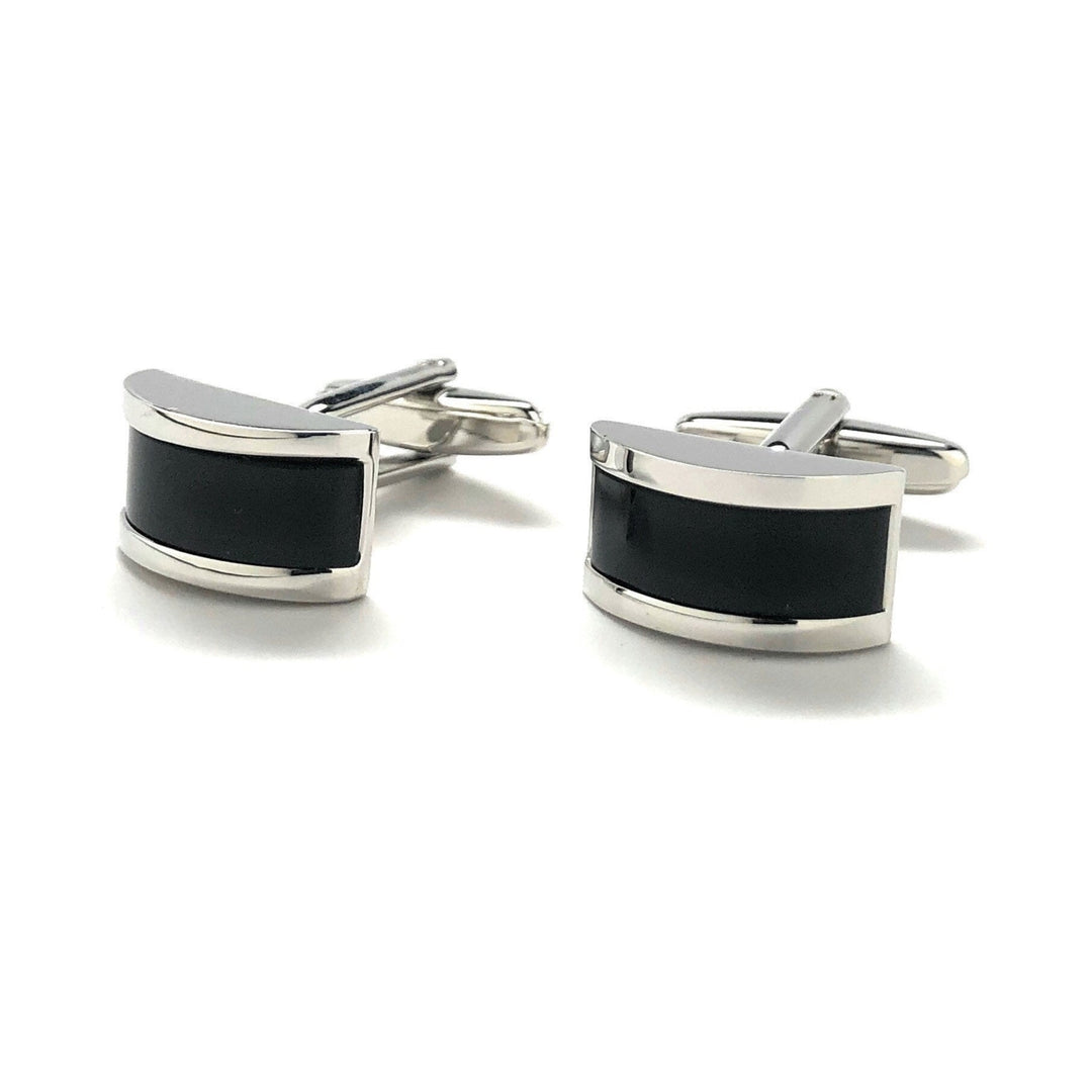 Mens Cufflinks Black Agate Silver Tone Stripe Big Curved Dome Shaped Designer Cut Thick Silver Cuff Links Comes with Image 4