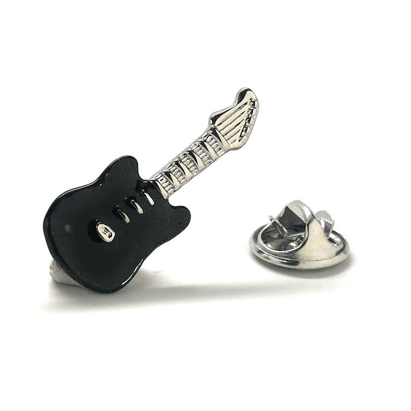 Enamel Pin Electric Guitar Lapel Pin Black Enamel and Silver Enamel Full Guitar with Body and Neck Rock and Roll Tie Tac Image 1