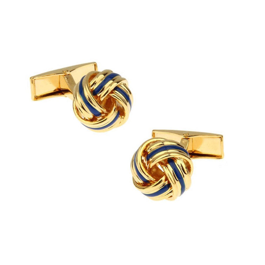 Gold Tone Blue Strip Classic Knots Cufflinks Whale Tail Backing Cuff Links Comes with Cufflinks Box Image 1