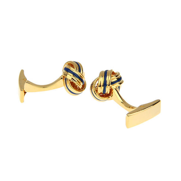 Gold Tone Blue Strip Classic Knots Cufflinks Whale Tail Backing Cuff Links Comes with Cufflinks Box Image 2