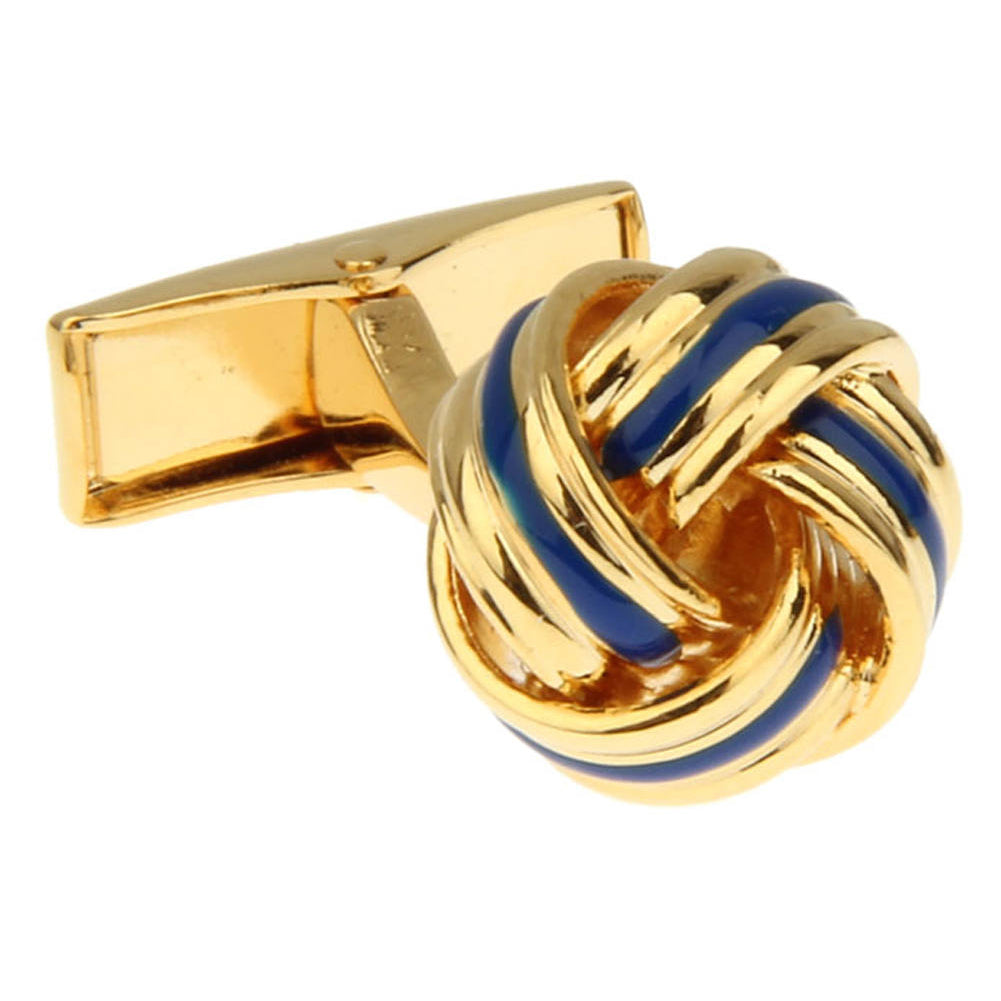 Gold Tone Blue Strip Classic Knots Cufflinks Whale Tail Backing Cuff Links Comes with Cufflinks Box Image 3