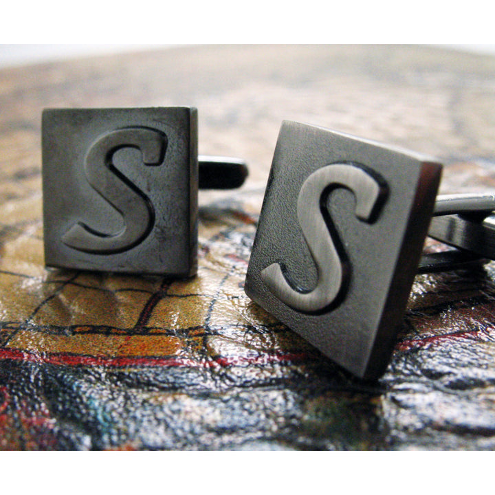 S Initial Cufflinks Gunmetal Square 3-D Letter Vintage English Letters  Cuff Links Groom Father Bride Wedding Image 1