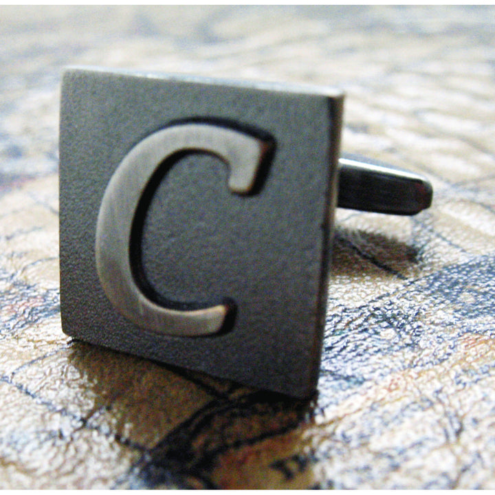C Initial Cufflinks Gunmetal Square 3-D Letter C Vintage English Letters Cuff Links Groom Father of the Bride Wedding Image 1