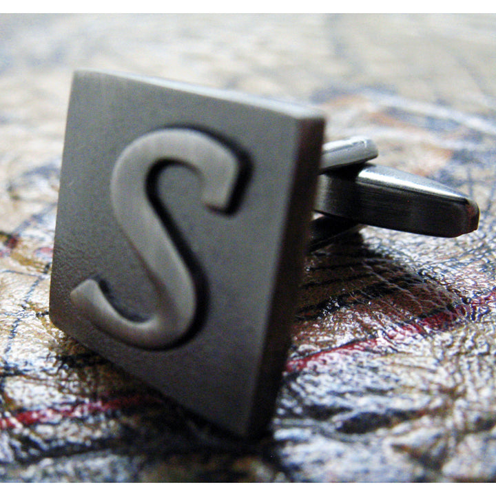 S Initial Cufflinks Gunmetal Square 3-D Letter Vintage English Letters  Cuff Links Groom Father Bride Wedding Image 2