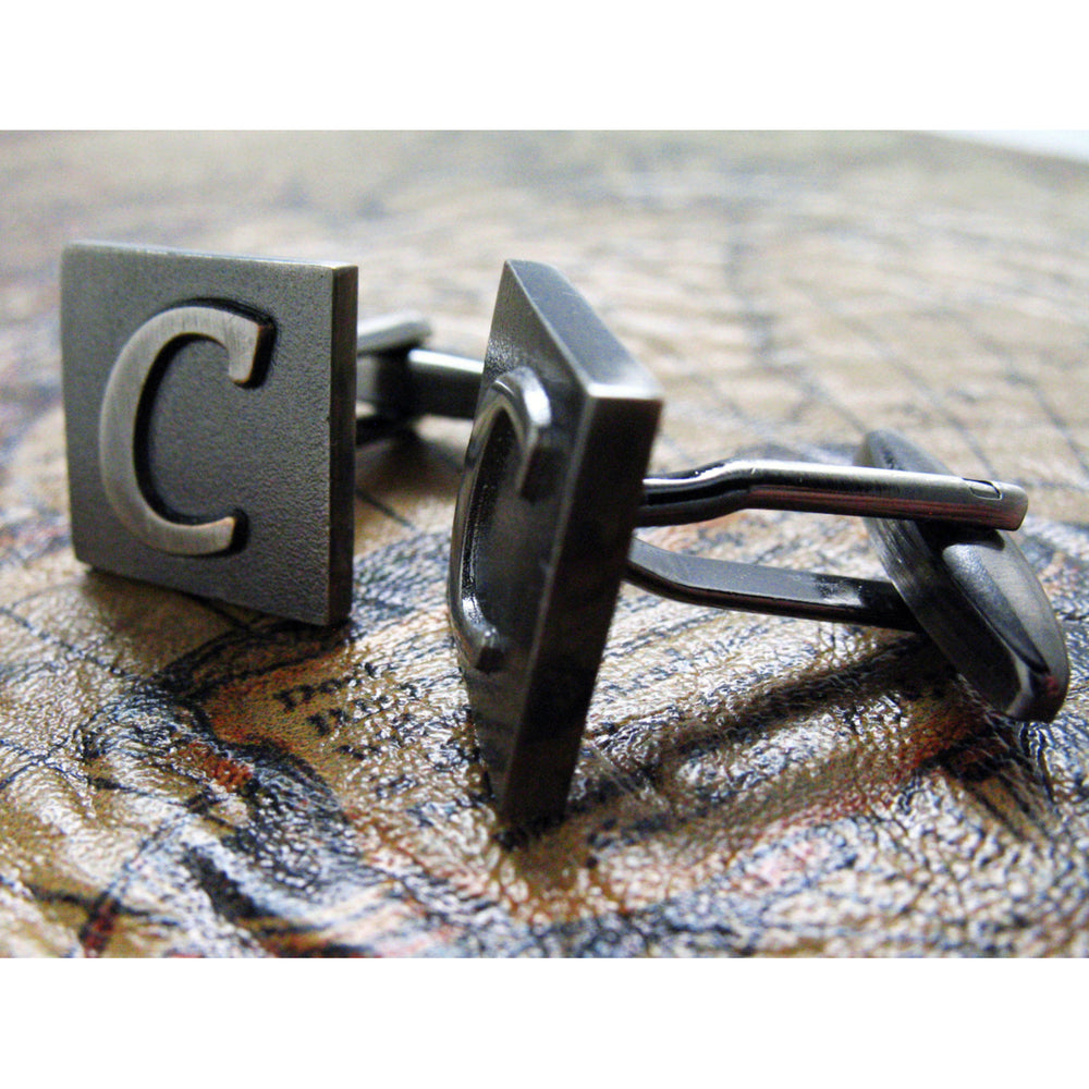 C Initial Cufflinks Gunmetal Square 3-D Letter C Vintage English Letters Cuff Links Groom Father of the Bride Wedding Image 2