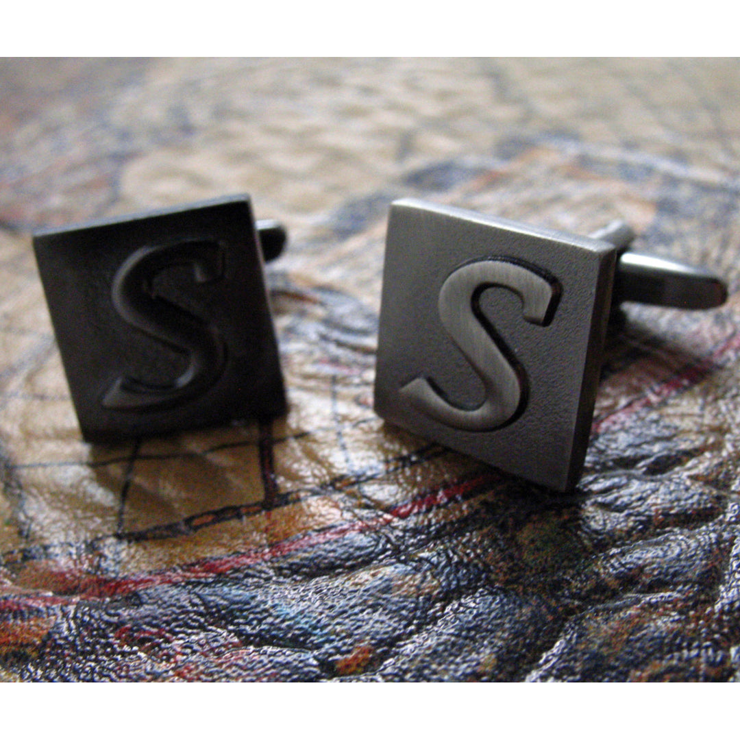 S Initial Cufflinks Gunmetal Square 3-D Letter Vintage English Letters  Cuff Links Groom Father Bride Wedding Image 3