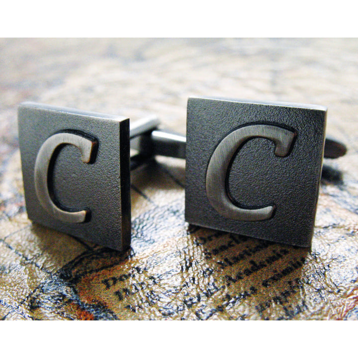 C Initial Cufflinks Gunmetal Square 3-D Letter C Vintage English Letters Cuff Links Groom Father of the Bride Wedding Image 3