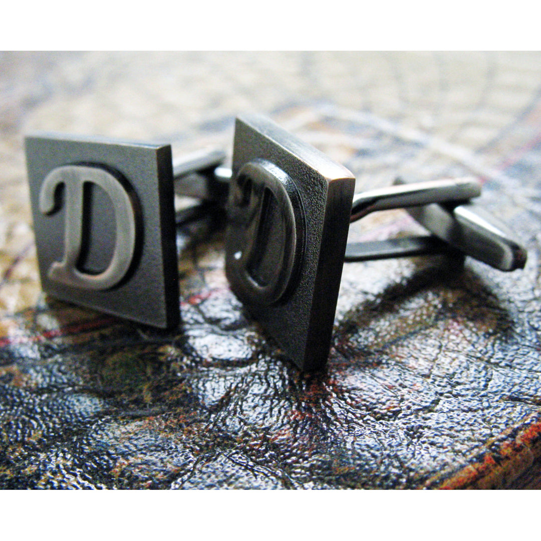 D Initial Cufflinks Gunmetal Square 3-D Letter Vintage English Letters Wedding Cuff Links Groom Father of Bride Image 2