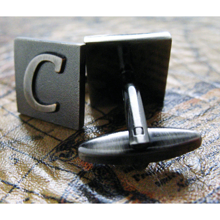 C Initial Cufflinks Gunmetal Square 3-D Letter C Vintage English Letters Cuff Links Groom Father of the Bride Wedding Image 4