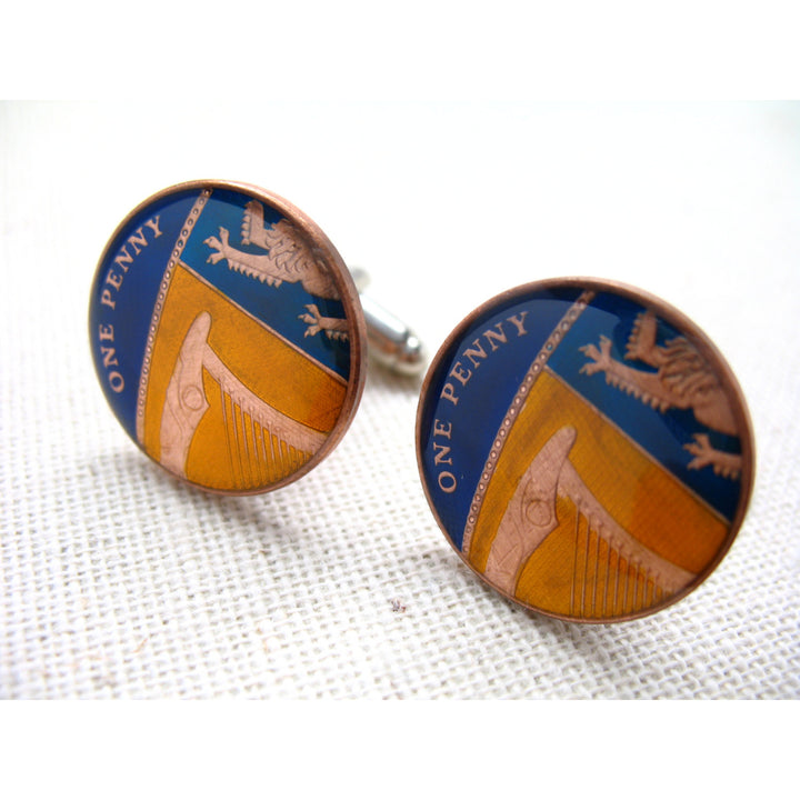 Enamel Cufflinks British Coins Yellow Blue Hand Painted England Enamel Coin Jewelry World Cuff Links One Penny Coin Image 1