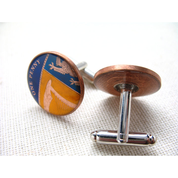 Enamel Cufflinks British Coins Yellow Blue Hand Painted England Enamel Coin Jewelry World Cuff Links One Penny Coin Image 2