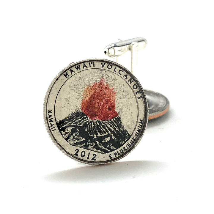 Enamel Cufflinks Hand Painted Hawaii Volcanoes Enamel Coin Jewelry US Quarter National Parks Cuff Links Black Red Enamel Image 4