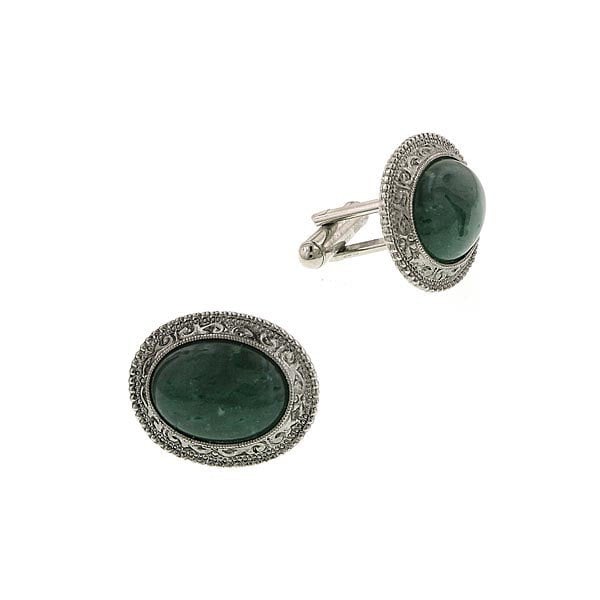 Jade Oval Cufflinks Jewelry Silver Tone Green Cuff Links Image 1