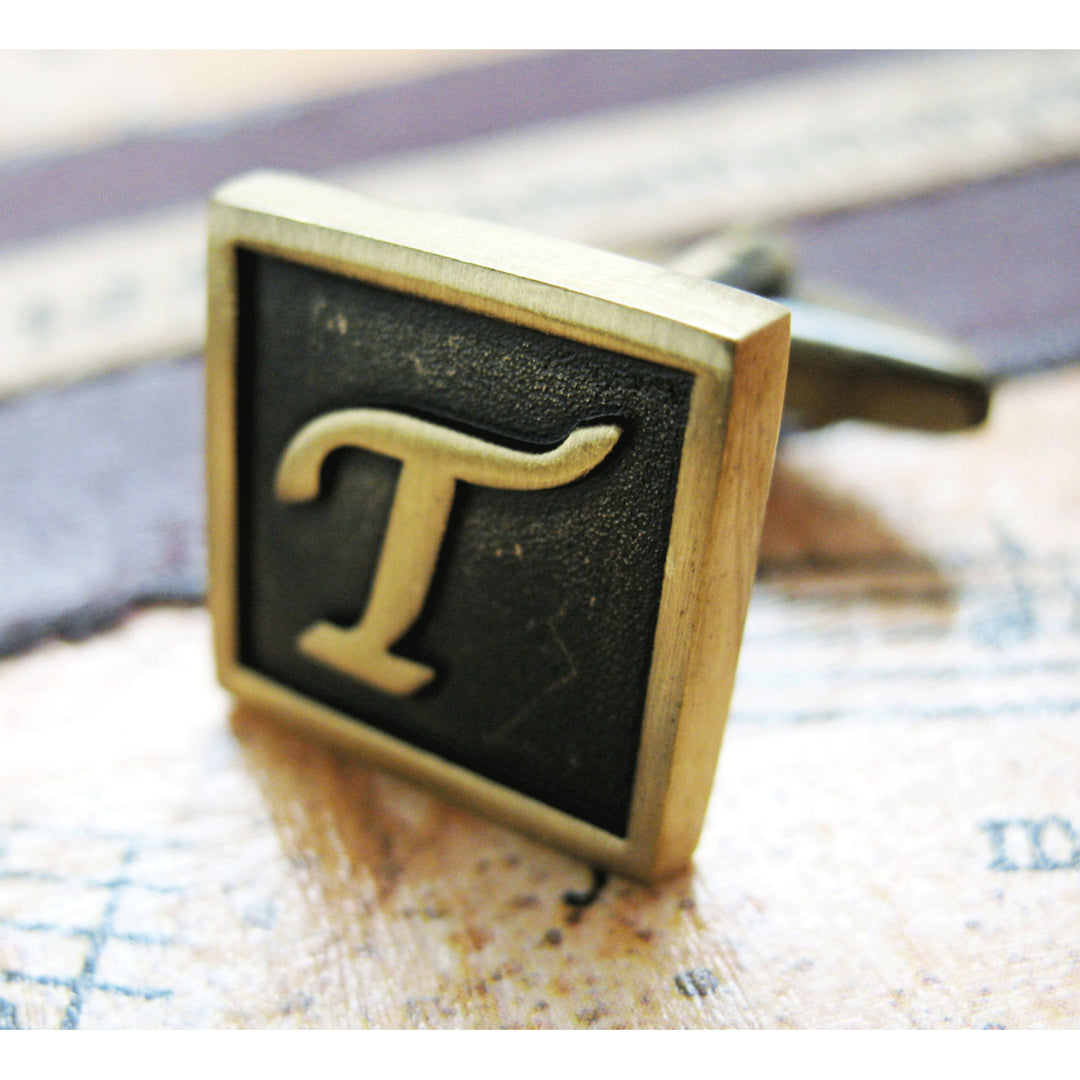 T Initial Cufflinks Antique Brass Square 3-D Letter Vintage English Lettering Cuff Links Groom Father Bride Wedding  Box Image 1
