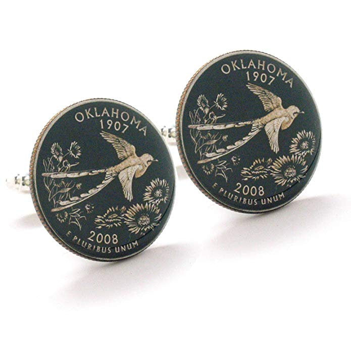 Enamel Cufflinks Hand Painted Oklahoma Suit Flag State Enamel Coin Jewelry USA United States America City Tulsa Norman Image 1