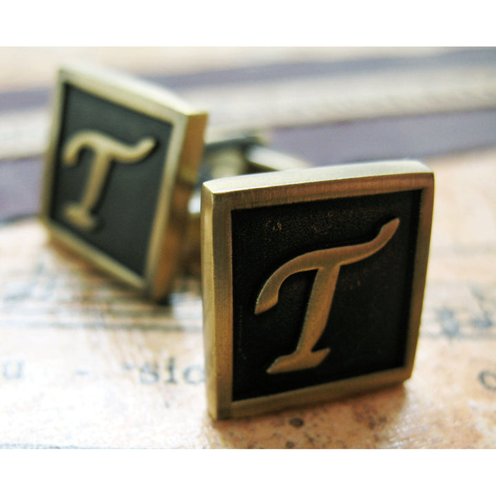 T Initial Cufflinks Antique Brass Square 3-D Letter Vintage English Lettering Cuff Links Groom Father Bride Wedding  Box Image 3