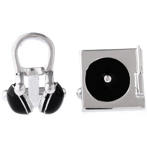 Cufflinks Old School Record Player and Head Phone Set Silver and Black Bullet Post Cufflinks Cuff Links Image 1