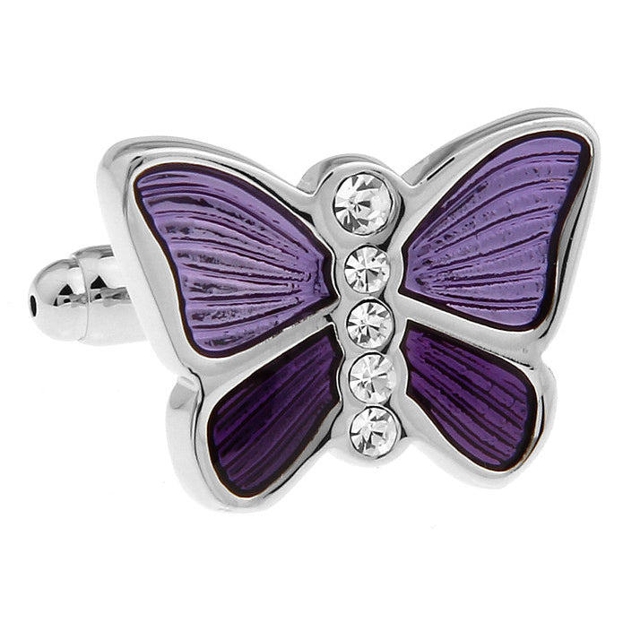 Purple Butterfly Cufflinks Silver Lavender with Crystals Accents Cuff Links Image 1