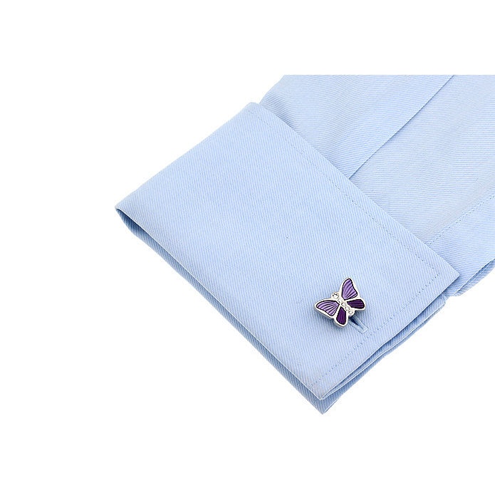 Purple Butterfly Cufflinks Silver Lavender with Crystals Accents Cuff Links Image 3