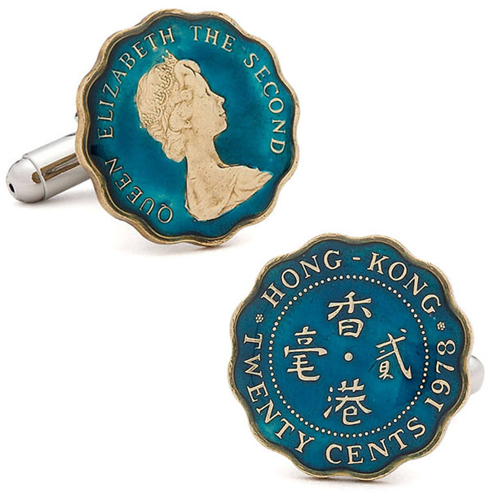 Hong Kong Coin Cufflinks Hand Painted Coin British China Colony King Queen Elizabeth Empire Cuff Links Enameled Coin Image 1