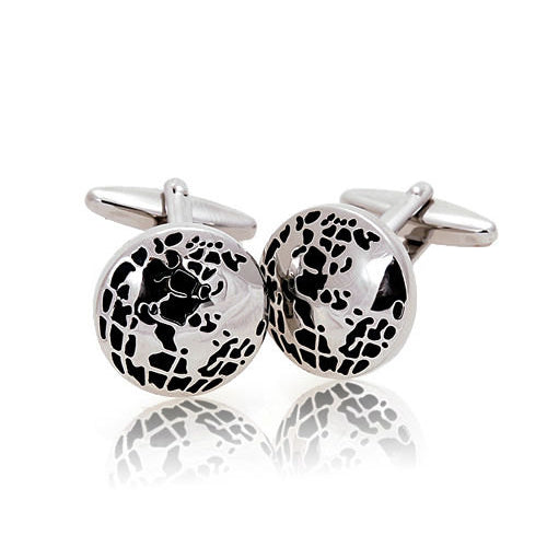 Silver Tone Cufflinks Black Enamel Globe See the World Traveler Cuff Links Comes with Gift Box Image 1