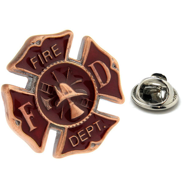 Enamel Pin Firemen Shield Lapel Pin Cut Out Fire Man Red and Copper Tone Tie Tack Comes with Gift Box Image 1