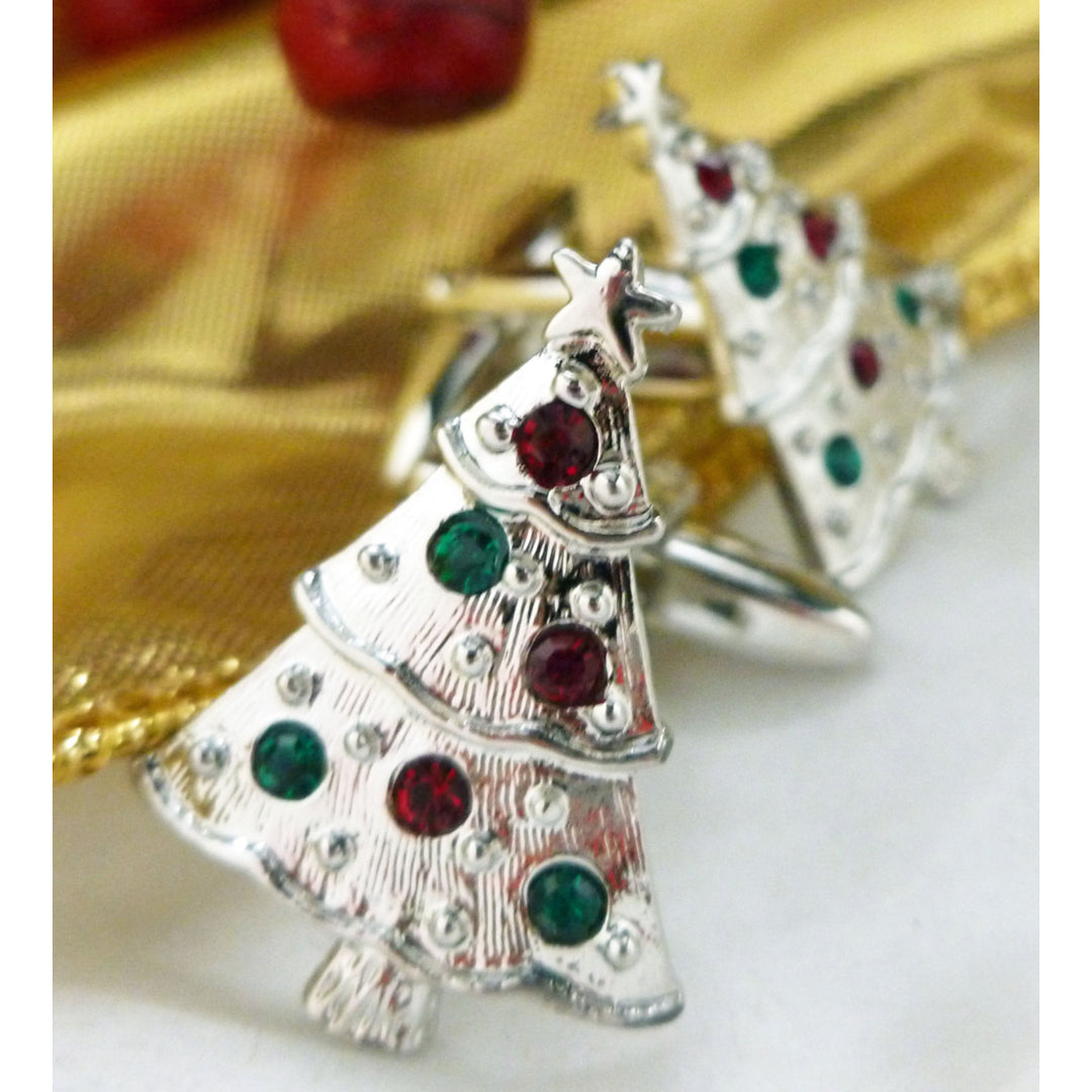 Silver Iced Gemed Christmas Tree Cufflinks Silver Tone with Red and Green Crystal Ornaments Cuff Links Image 1