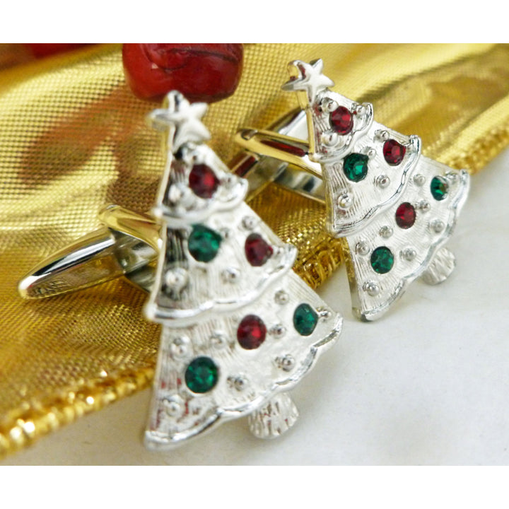 Silver Iced Gemed Christmas Tree Cufflinks Silver Tone with Red and Green Crystal Ornaments Cuff Links Image 2