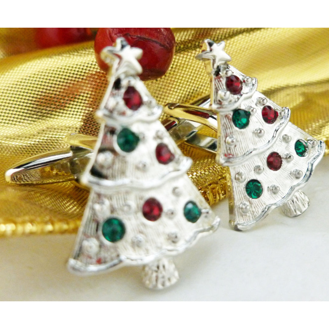 Silver Iced Gemed Christmas Tree Cufflinks Silver Tone with Red and Green Crystal Ornaments Cuff Links Image 3