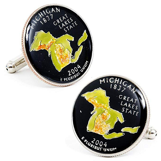 Enamel Cufflinks Hand Painted Michigan State Quarter Enamel Coin Jewelry Money Currency Finance Accountant Cuff Links Image 1