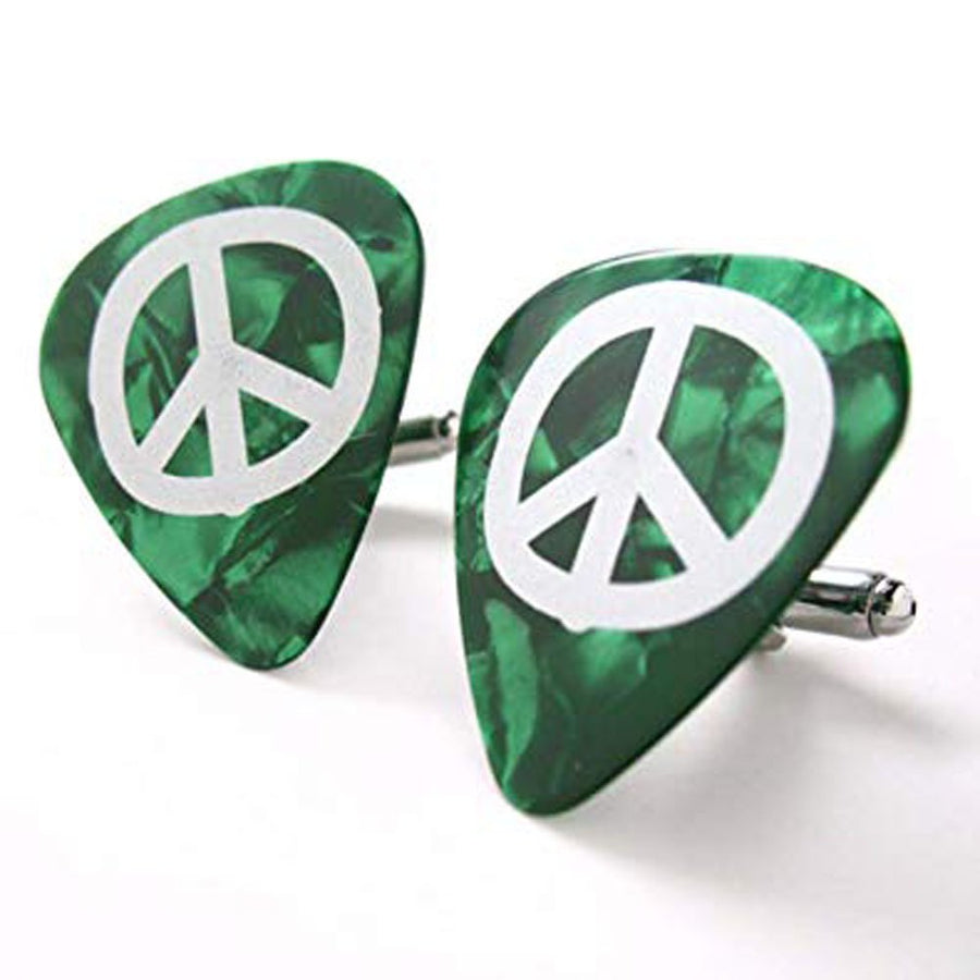 Peace Sign Cufflinks Green Woodstock Music Guitar Pick Cuff Links Image 1