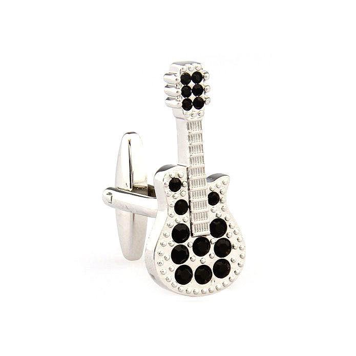 Electric Guitar Cufflinks Silver Black Crystals Full Guitar with Body and Neck Rock and Roll Cuff Links Comes with Gift Image 1
