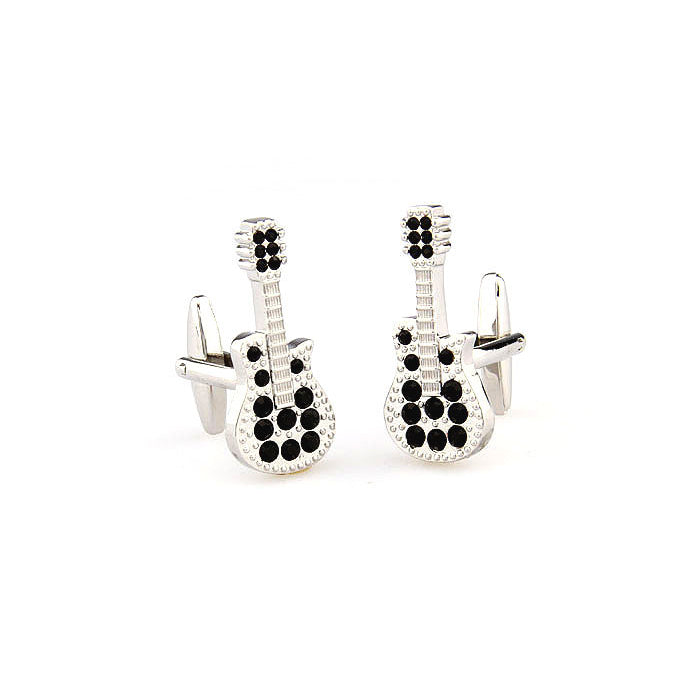 Electric Guitar Cufflinks Silver Black Crystals Full Guitar with Body and Neck Rock and Roll Cuff Links Comes with Gift Image 2