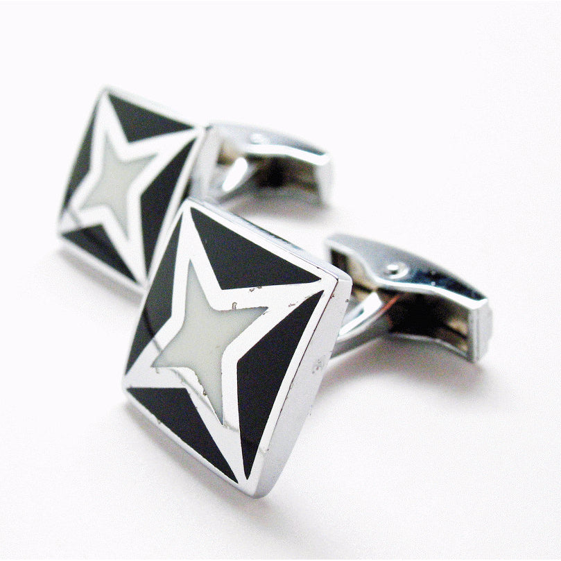 Shiny Silver Cufflinks Black Take Stage Star Struck Stainless Steel Classic Whale Tale Back Perfect Cuff Links Image 3