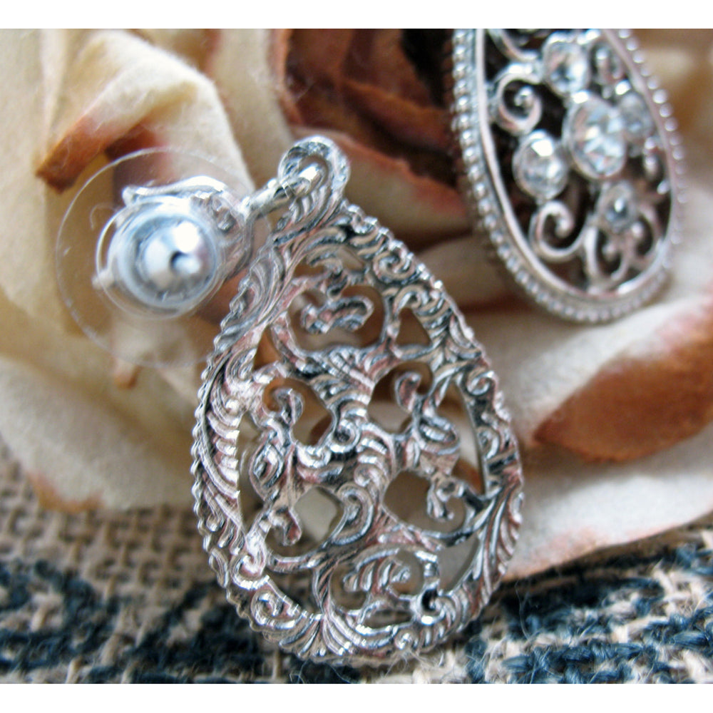 Vintage Silver Tear Earrings Silver Tone Sparkling Crystals Wedding Drop Earrings Silk Road Jewelry Image 2