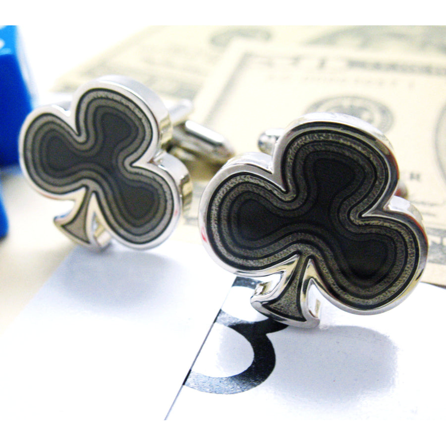 Ace of Clubs Cufflinks Silver Toned Black Enamel Clover Lucky Charm Fun Cuff Links Image 1