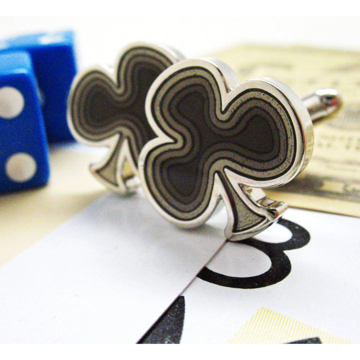 Ace of Clubs Cufflinks Silver Toned Black Enamel Clover Lucky Charm Fun Cuff Links Image 2