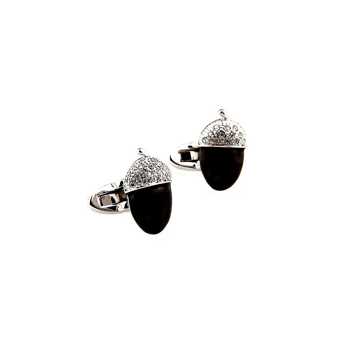Cufflinks Silver Midnight Black Acorn Chestnuts with Crystals Cufflinks Cuff Links Whale Tail Back Image 2