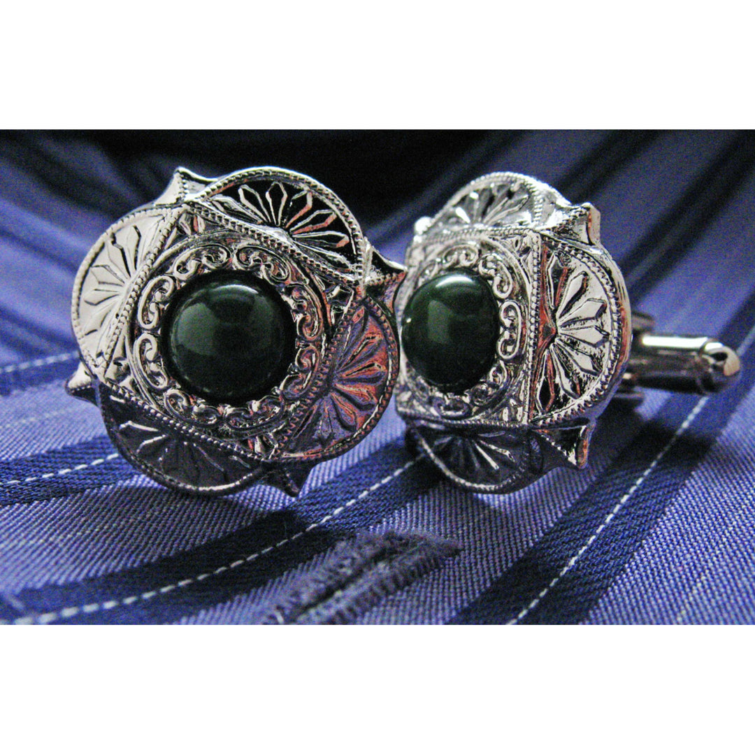 Jade Cufflinks Jewelry Scalloped Silver Tone Faux Jade Green Cufflinks Cuff Links Image 3