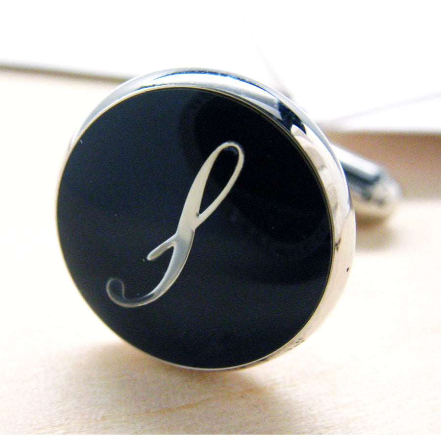 Initials Cufflinks S Silver Round Black Enamel Script Letters Vintage Cuff Links Groom Father of the Bride Wedding Image 1