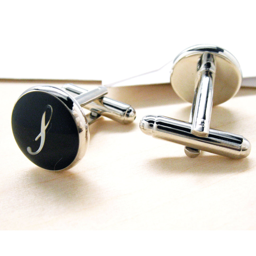 Initials Cufflinks S Silver Round Black Enamel Script Letters Vintage Cuff Links Groom Father of the Bride Wedding Image 2