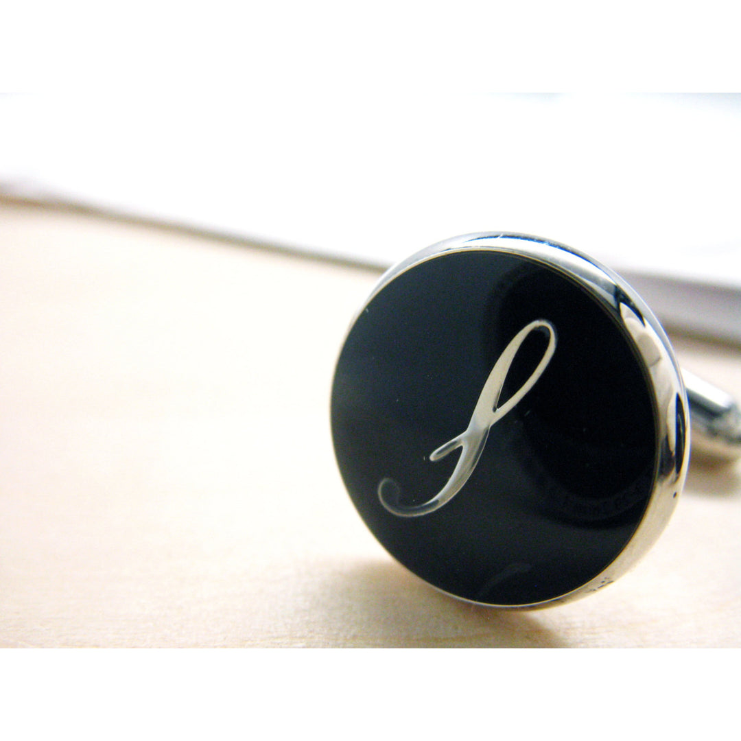 Initials Cufflinks S Silver Round Black Enamel Script Letters Vintage Cuff Links Groom Father of the Bride Wedding Image 3