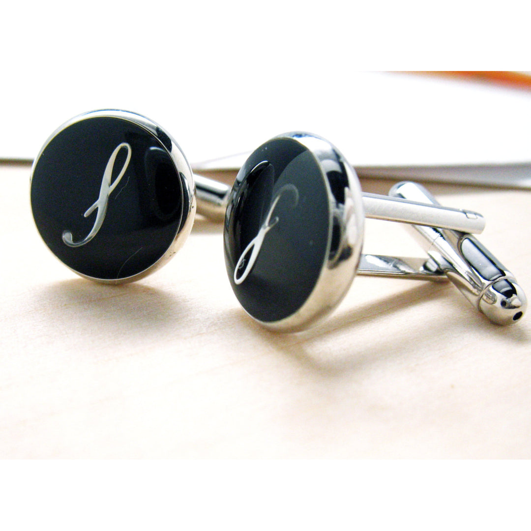 Initials Cufflinks S Silver Round Black Enamel Script Letters Vintage Cuff Links Groom Father of the Bride Wedding Image 4
