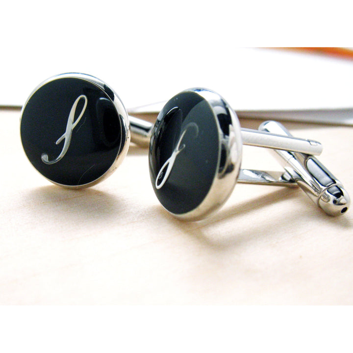 Initials Cufflinks S Silver Round Black Enamel Script Letters Vintage Cuff Links Groom Father of the Bride Wedding Image 4