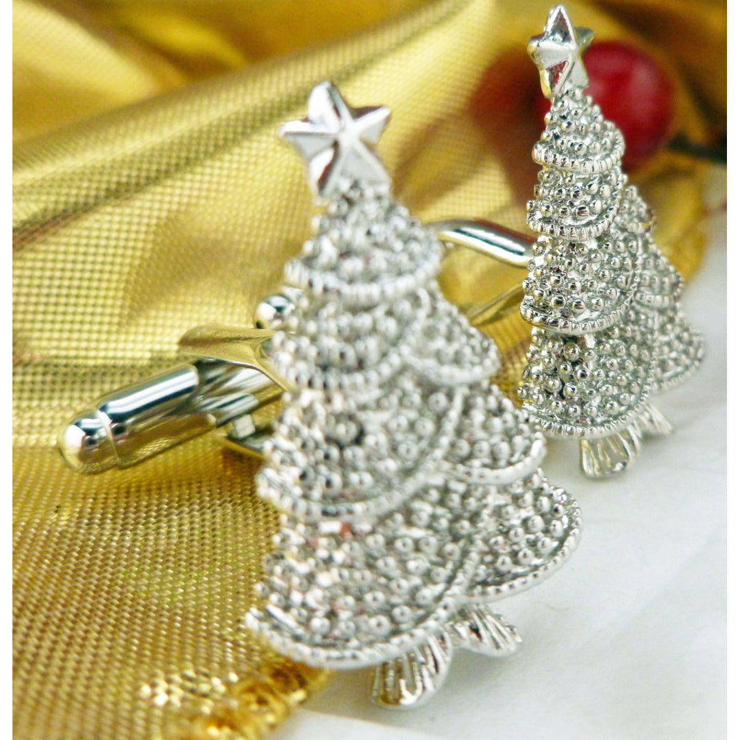 Christmas Tree Cufflinks Glistening Star Shiny Silver Tone Holiday Winter Wonderland Christmas Family Parties Work Party Image 4