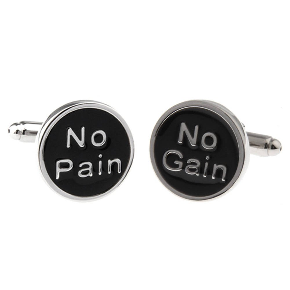 No Pain No Gain Cufflinks Silver Tone with Black Enamel Gym Weight Lifting Fun Party Cool Work Out Cuff Links Comes with Image 3