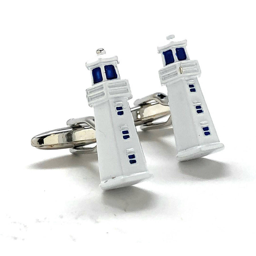 Lighthouse Cufflinks White Enamel 3D Details Safety Light Ocean Sea Boats Captain Cuff Links Comes with Gift Box Image 1