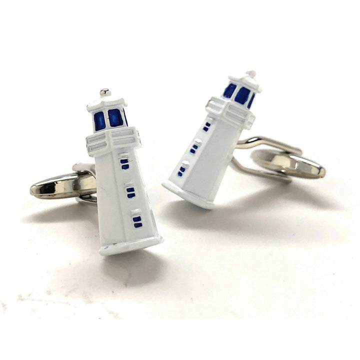 Lighthouse Cufflinks White Enamel 3D Details Safety Light Ocean Sea Boats Captain Cuff Links Comes with Gift Box Image 2